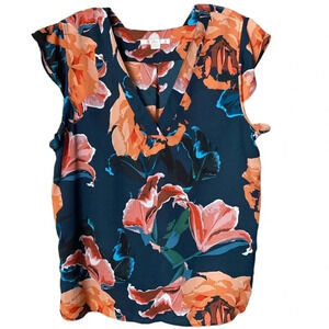 C&E | Ruffle Cap Sleeve V-Neck Floral Print Blouse Size L
